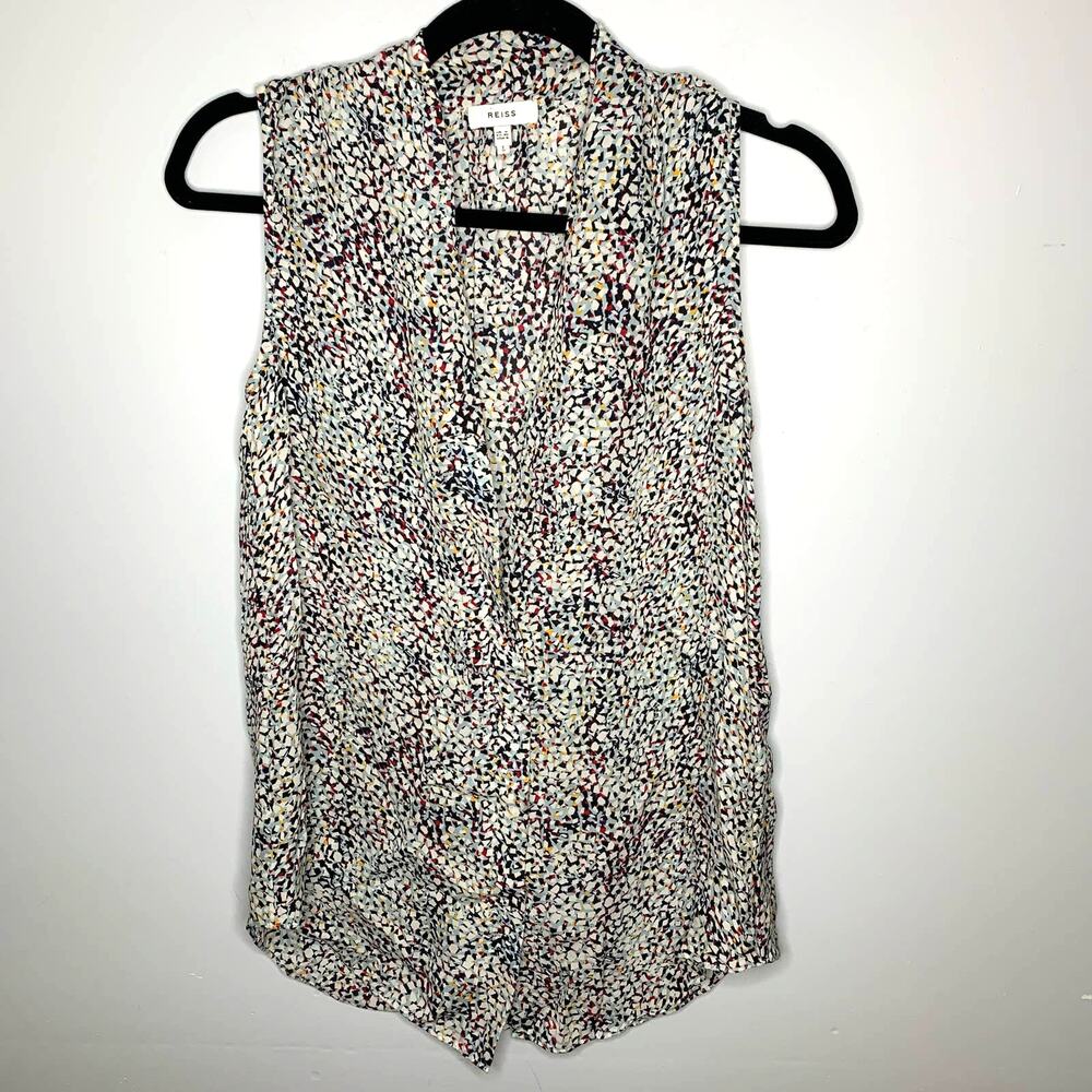 REISS Aubrey Printed Sleeveless Top in White 100% Silk Size 4